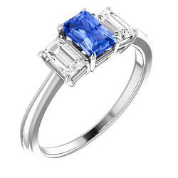 Blue Sapphire Engagement Ring 3 Stone 2 Carats Emerald Cut Natural Earth Mined Diamonds