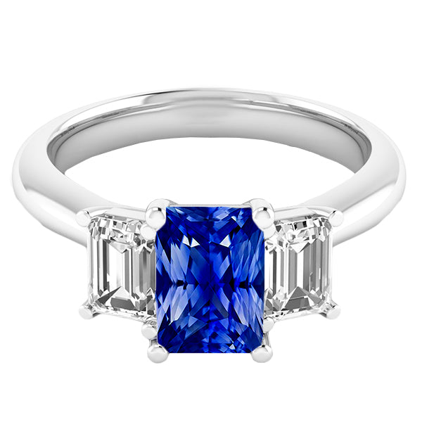 LAdies Stylish 3 Stone Ring Emerald Diamonds & Radiant Deep Blue Sapphire  