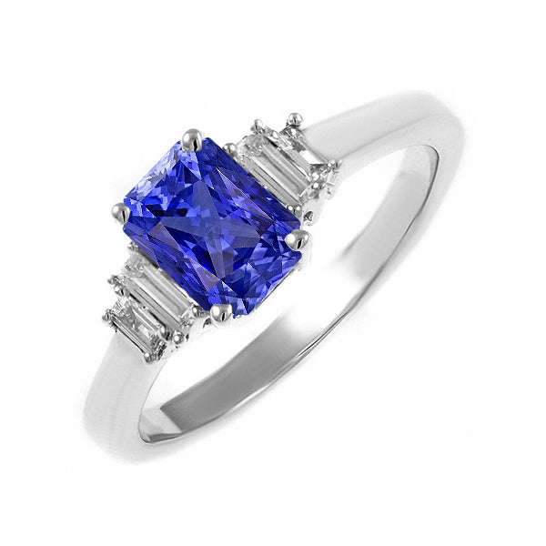 Baguette Diamond Ring Ceylon Sapphire Jewelry  New BEst Stylish  4 Prong Set