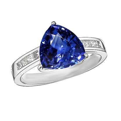 Engagement Ring Trillion Cut Sapphire  Womans  Channel Set Diamonds