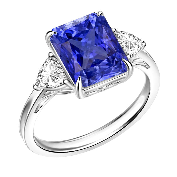 Blue Sapphire Trilliant Diamond 3 Stone Ring  Best Stylish Amazing  Trellis Setting