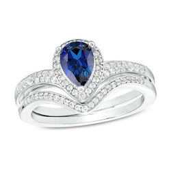 Natural Earth Mined Diamond Halo Engagement Ring Set Pear Cut Blue Sapphire New 4 Carats