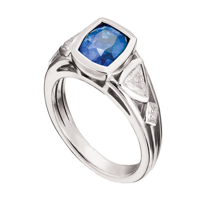 Diamond Ring  Bezel Round Sapphire & Trillion, Princess Cut