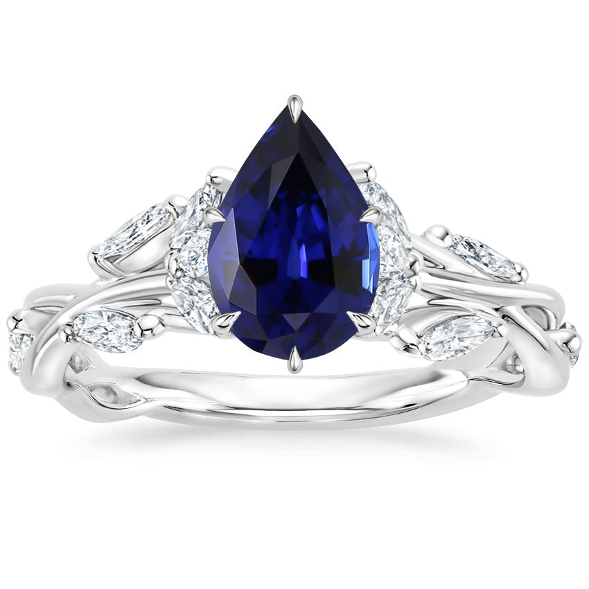  New High Quality Wedding  Gold Gemstone Ring Pear Blue Sapphire & Marquise Diamonds