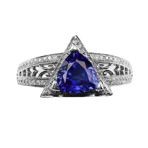 Ladies Weeding  Trillion Gemstone Ring Antique Style Ceylon Sapphire
