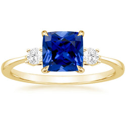 Yellow Gold 3 Stone Ring Diamond And Cushion Blue Sapphire 2.50 Carats