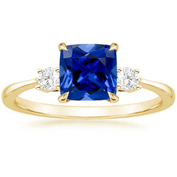 Yellow Gold 3 Stone Ring Natural Earth Mined Diamond And Cushion Blue Sapphire 2.50 Carats