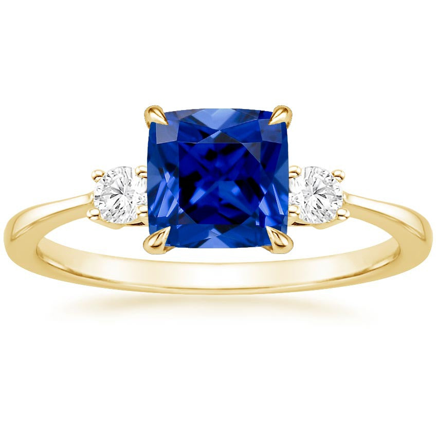 Yellow Gold  Ladies Stylish Fancy  3 Stone Ring Diamond And Cushion Blue Sapphire