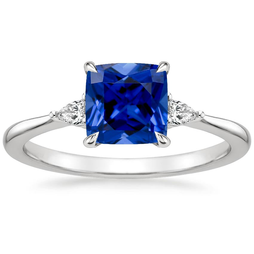 Sparkling Style Womens 3 Stone Pear Diamond & Cushion Blue Sapphire Ring