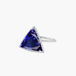 Diamond Halo Ring Trillion Shaped Deep Blue Sapphire 4 Carats