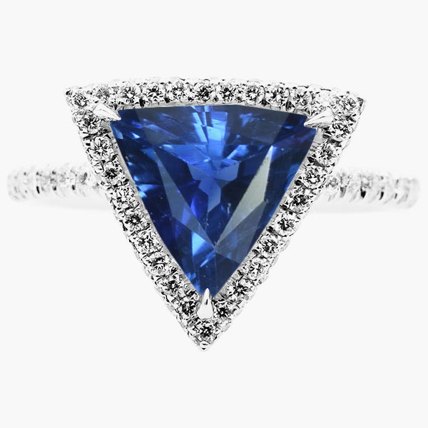 Halo Trillion Sapphire Ring New High Quality Wedding      Pave Set Diamond Accents Gold 