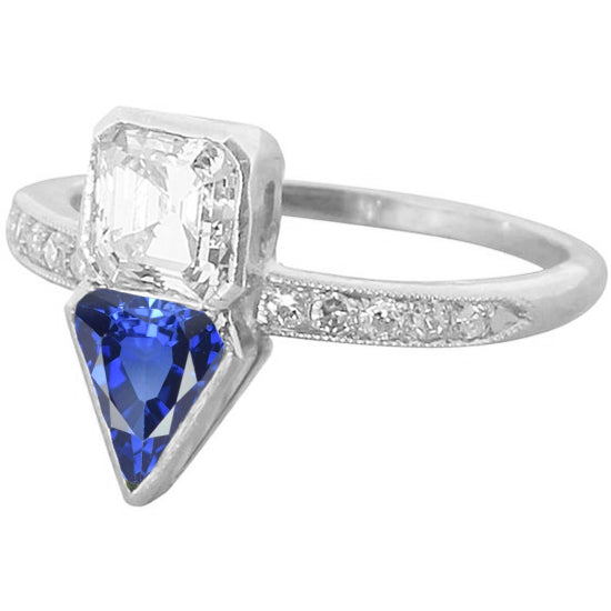 Toi et Moi Bezel Set Asscher Diamond & Ceylon Sapphire Ring 3.50 Carats Milgrain 