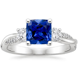 Gold 3 Stone Style Ring Cushion Blue Sapphire With Accents 2.75 Carats