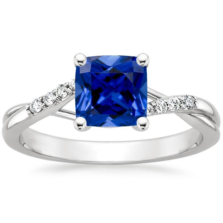 Ladies Stylish Fancy  Diamond Solitaire Ring Cushion Blue Sapphire With Accents