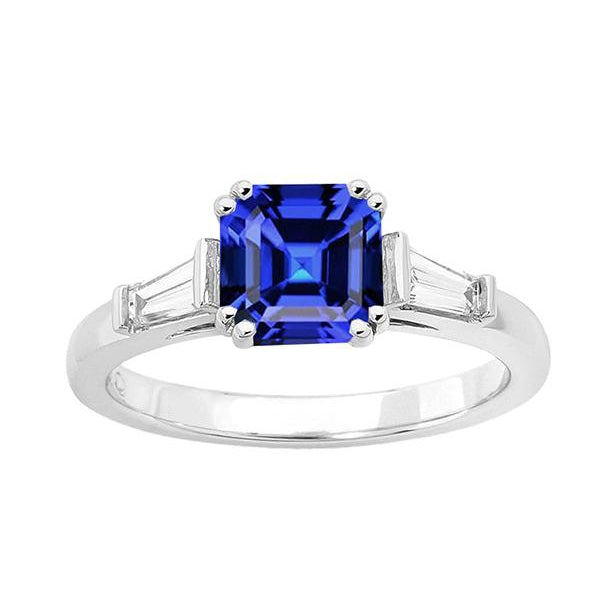 Gold Three Stone Asscher Sapphire Ring Female new Anniversary Baguette Diamonds