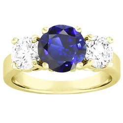 Three Stone Round Blue Sapphire & Natural Earth Mined Diamond Ring 5 Carats Jewelry