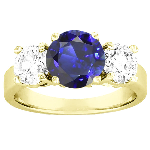 Three Stone Round Blue Sapphire & Diamond Ring  Female new Anniversary  Jewelry
