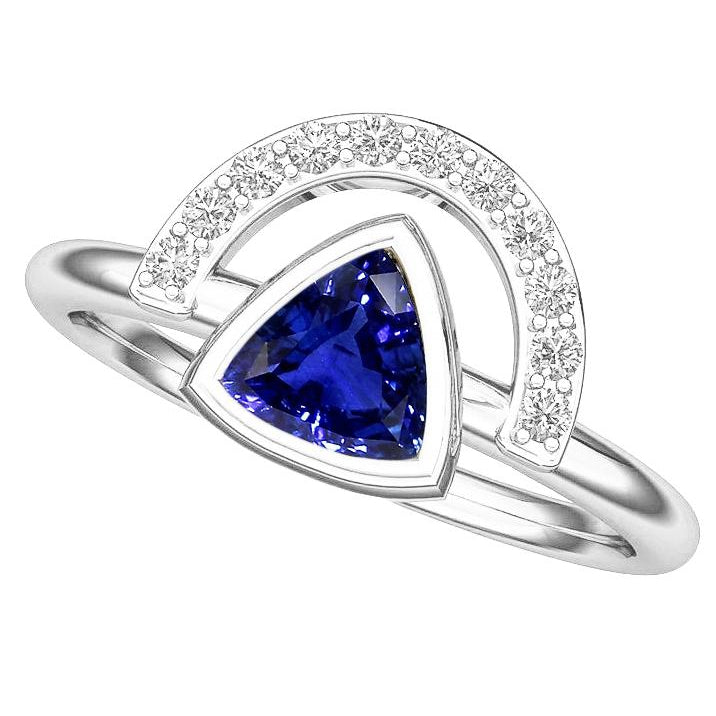 Ladies Gemstone Jewelry Trillion Bezel Set Blue Sapphire Ring  Fancy Princess Cut Style   