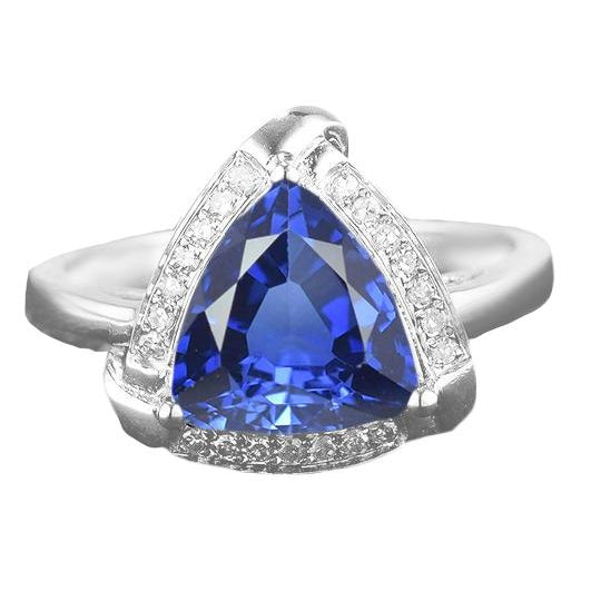 Trillion Halo Ceylon Sapphire Ring White Gold Jewelry  Fancy Princess Cut Style   