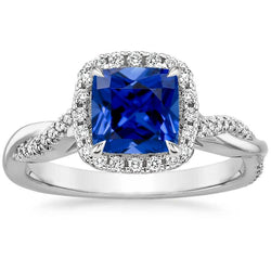 Diamond Halo Ring Cushion Blue Sapphire Pave Set Accented 3.25 Carats