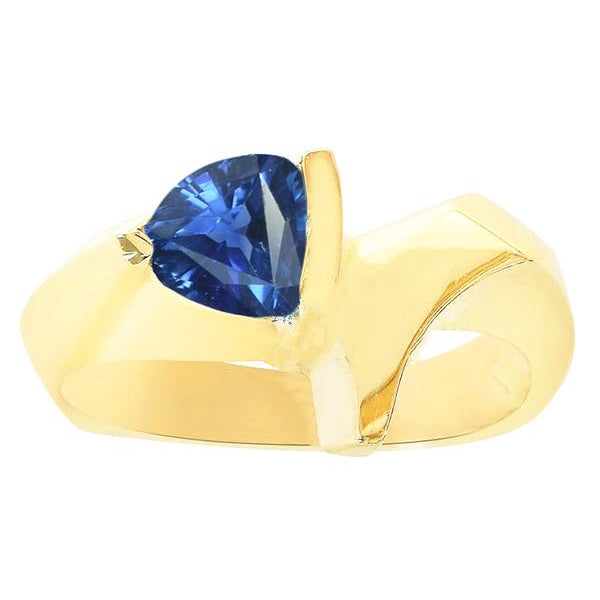Yellow Gold Gemstone Ring Trillion Shaped Ceylon Sapphire  Fancy Princess Cut Style   