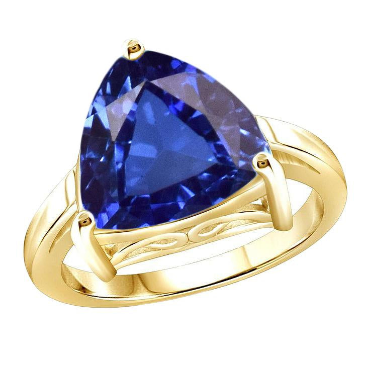 Solitaire Trillion Blue Sapphire Ring Yellow Gold Jewelry Sparkling Unique Lady’s   
