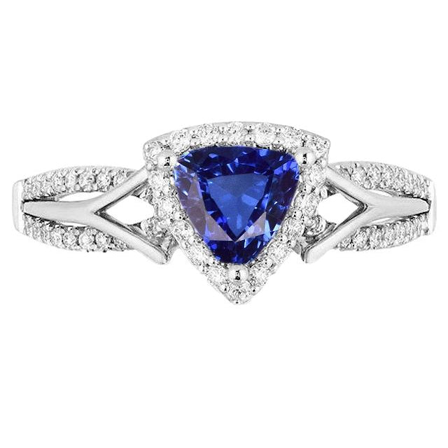 Women's Halo Diamond Ring  Sparkling Unique Lady’s    Trillion Blue Sapphire Split Shank
