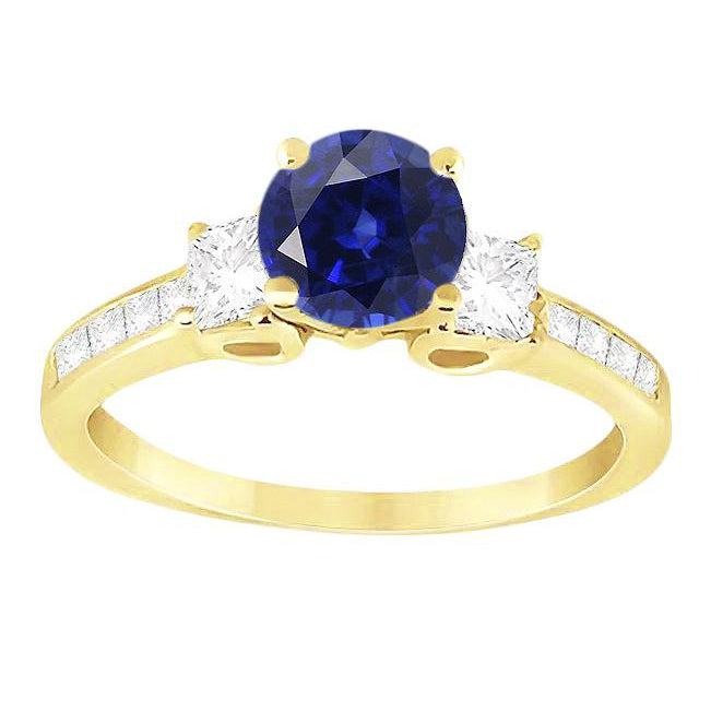 Princess Diamond & Round Blue Sapphire Ring Lady’s Brilliant Engagement   Channel Set