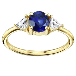 3 Stone Trilliant Natural Earth Mined Diamond Ring 2 Carats Yellow Gold Ceylon Sapphire