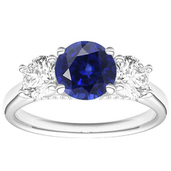 Gold Wedding Ring Round Natural Earth Mined Diamond & Ceylon Sapphire 3 Stone 3 Carats