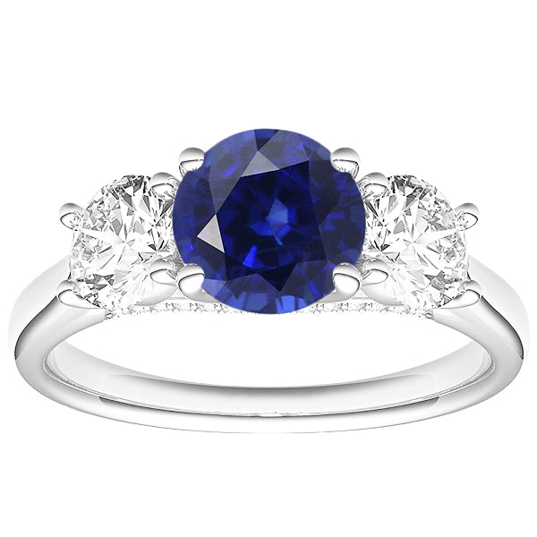 Gold Wedding Ring Round Diamond & Ceylon Sapphire 3 Stone Antique Lady’s  Style White Elegant 