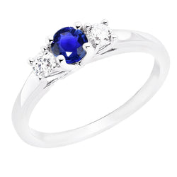 Women 3 Stone Ring Round Ceylon Sapphire & Natural Earth Mined Diamonds 1.50 Carats