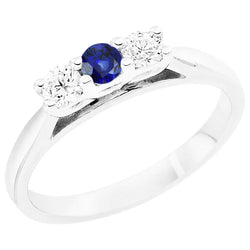 3 Carats Diamond 3 Stone Blue Sapphire Ring Tapered Shank White Gold
