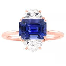 Rose Gold Emerald Sapphire 3 Stone Half Moon Natural Earth Mined Diamonds Ring 4 Carats