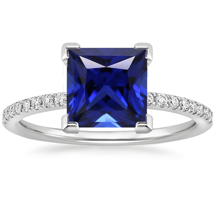 Diamond High Quality Fancy  Solitaire Ring Princess Blue Sapphire With Accents