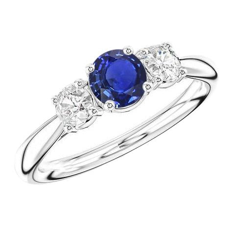 Three Stone Round Blue Sapphire & Diamond Ring Jewelry   Lady’s  Round Anniversary 
