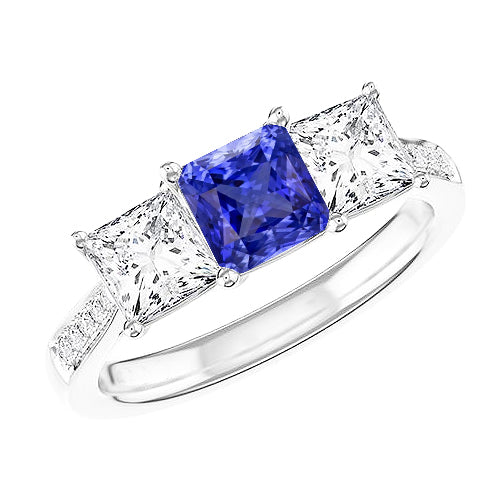 Gemstone Cushion Sapphire Ring Princess & Round Diamonds   Lady’s  Round Anniversary 