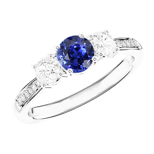 Round Sapphire & Diamond Ring White Gold   Lady’s  Round Anniversary 3 Stone Style