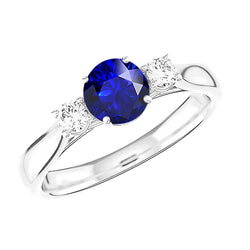 Natural Earth Mined Diamond Three Stone Ring Round Blue Sapphire 2 Carats