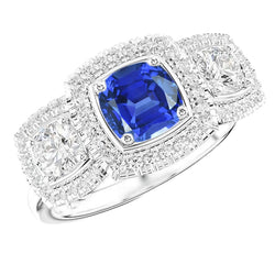 Halo Cushion Blue Sapphire Ring 3 Carats Women’s Natural Earth Mined Diamond Jewelry