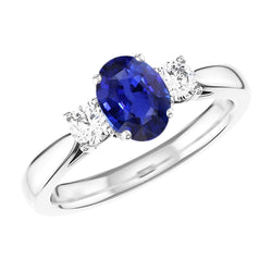 Oval Sapphire Three Stone Round Natural Earth Mined Diamond Ring 2 Carats Gold 14K