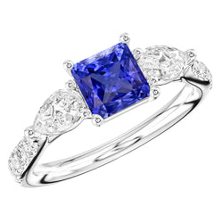 Blue Sapphire Gemstone Radiant Cut Ring Pear & Round Natural Earth Mined Diamonds 3 Carats