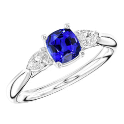 Ladies Three Stone Cushion Sapphire Ring 2 Carats Pear Diamond Jewelry