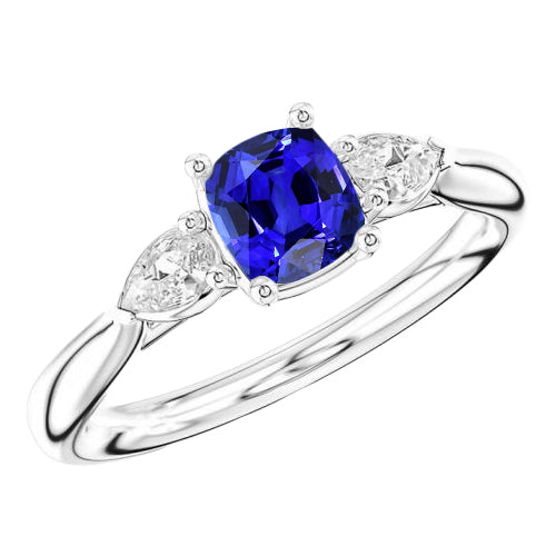 Ladies Three Stone Cushion Sapphire Ring   Fancy Lady’s Vintage Style   Pear Diamond Jewelry