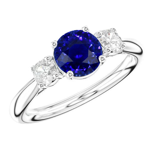 Engagement Three Stone Ring Round Blue Sapphire  Fancy Lady’s Vintage Style    Diamonds