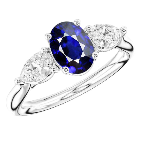  Fancy Lady’s Vintage Style   Three Stone Oval Deep Blue Sapphire & Pear Diamonds