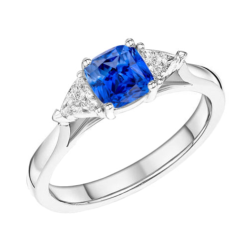 3 Stone Cushion Light Blue Sapphire Ring Fancy Lady’s Vintage Style    Trillion Diamonds