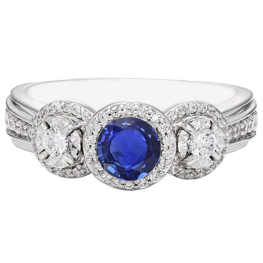 Diamond Halo Round Blue Sapphire Ring  Fancy Lady’s Vintage Style    Ladies Jewelry