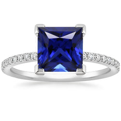 Gold Diamond Ring Princess Cut Blue Sapphire With Accents 5.50 Carats