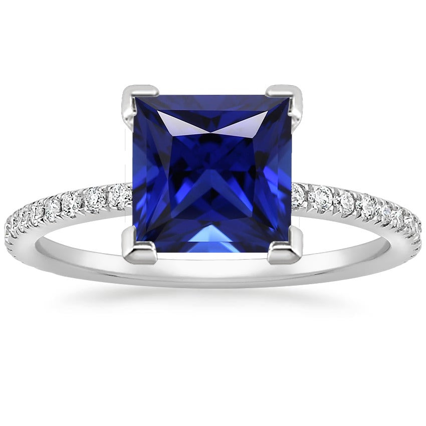 Gold Natural Earth Mined Diamond Ring Princess Cut Blue Sapphire With Accents 5.50 Carats